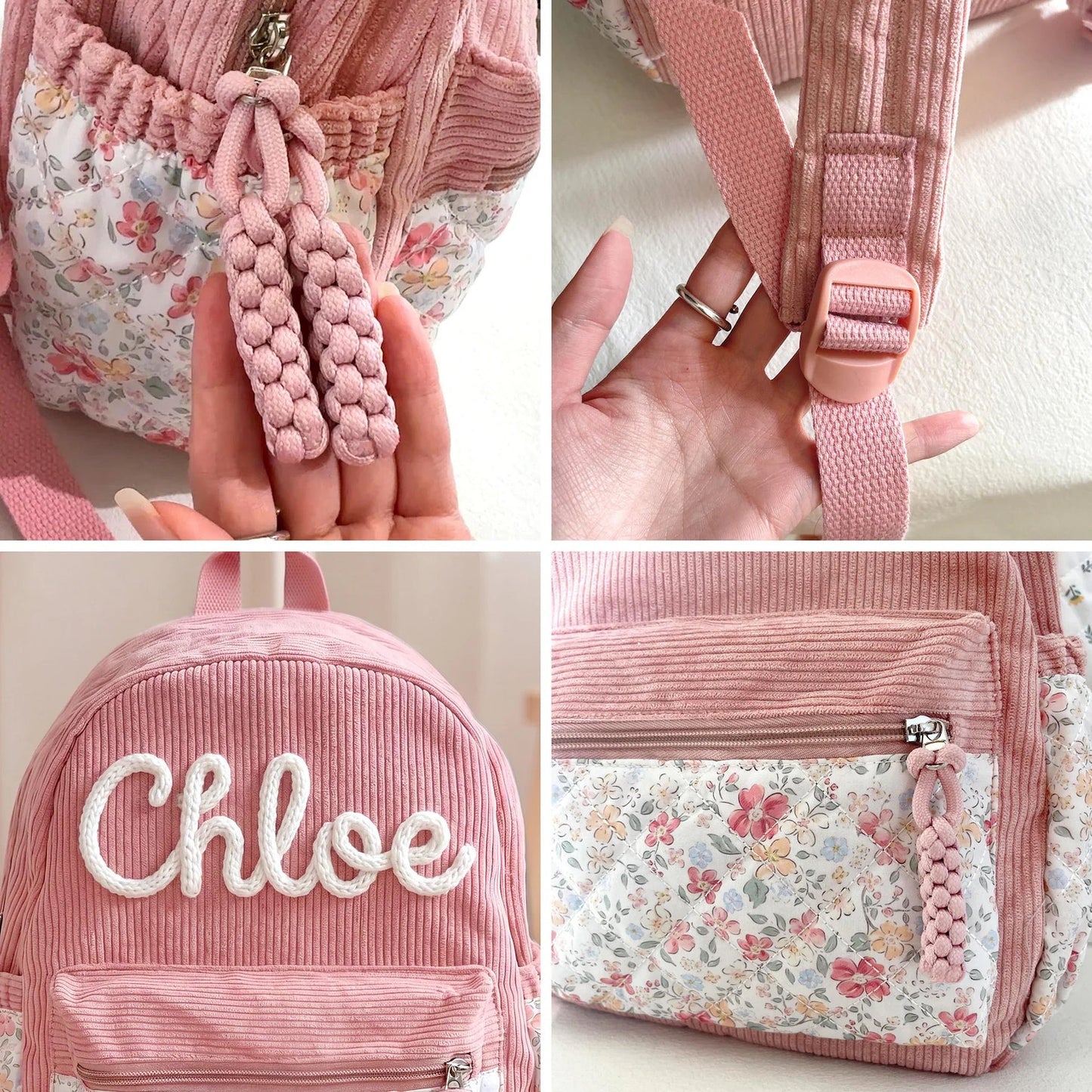 Personalized Corduroy Toddler Backpack – Hand-Embroidered Name, Floral Pocket | Back to School