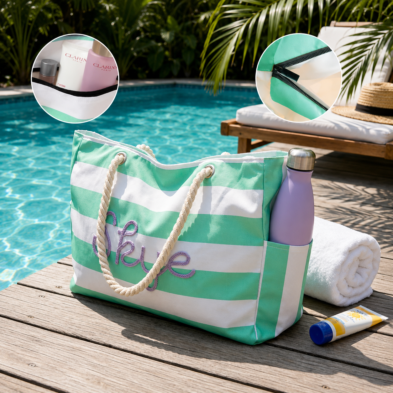 Personalized Embroidered Beach Tote Bag – Custom Name Striped Canvas Pool Bag with Zipper