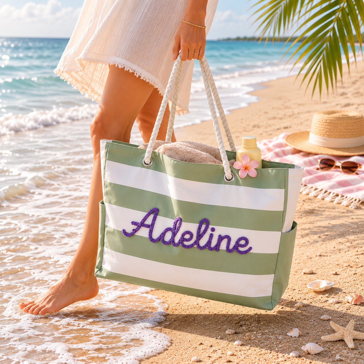 Personalized Embroidered Beach Tote Bag – Custom Name Striped Canvas Pool Bag with Zipper