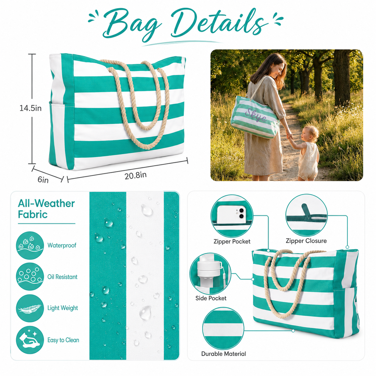 Personalized Embroidered Beach Tote Bag – Custom Name Striped Canvas Pool Bag with Zipper