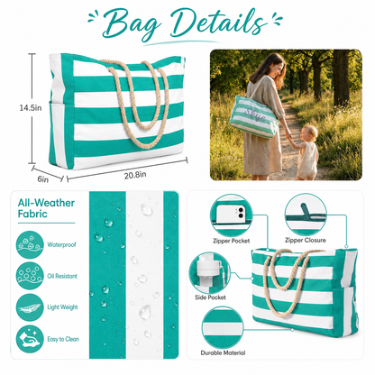 Personalized Embroidered Beach Tote Bag – Custom Name Striped Canvas Pool Bag with Zipper