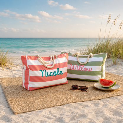 Personalized Embroidered Beach Tote Bag – Custom Name Striped Canvas Pool Bag with Zipper