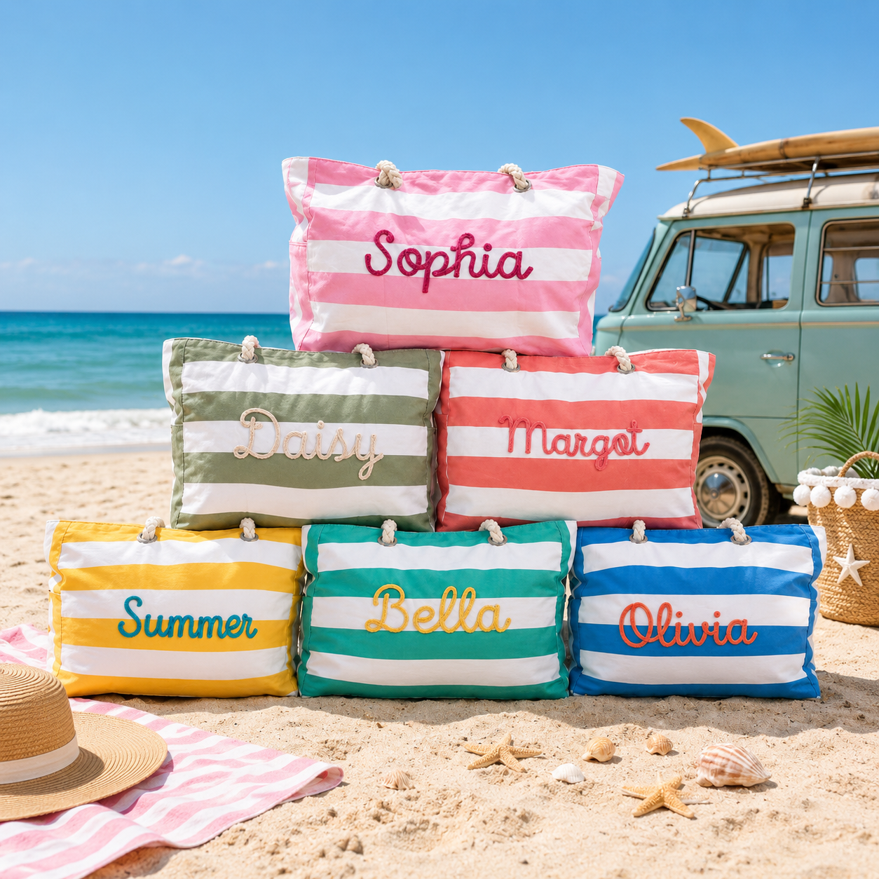 Personalized Embroidered Beach Tote Bag – Custom Name Striped Canvas Pool Bag with Zipper