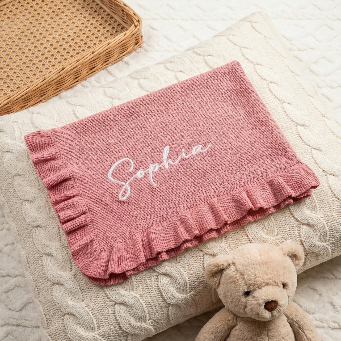 Floral Personalized Baby Blanket – Custom Name Knit Blanket, Soft Newborn Gift