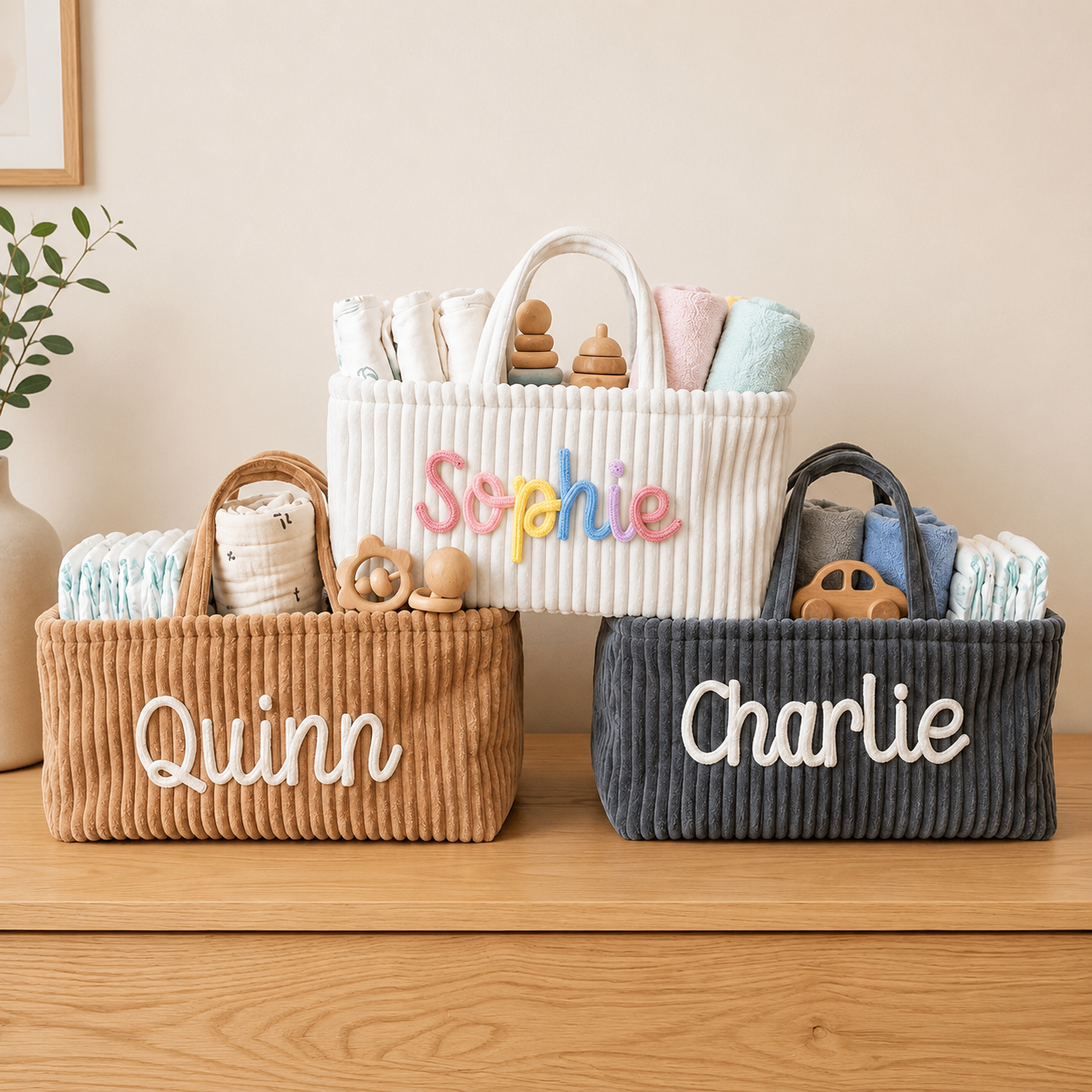Personalized Diaper Caddy Organizer | Corduroy Baby Basket with 3D Yarn Name | Baby Shower Gift