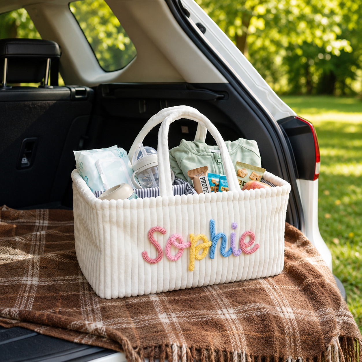 Personalized Diaper Caddy Organizer | Corduroy Baby Basket with 3D Yarn Name | Baby Shower Gift