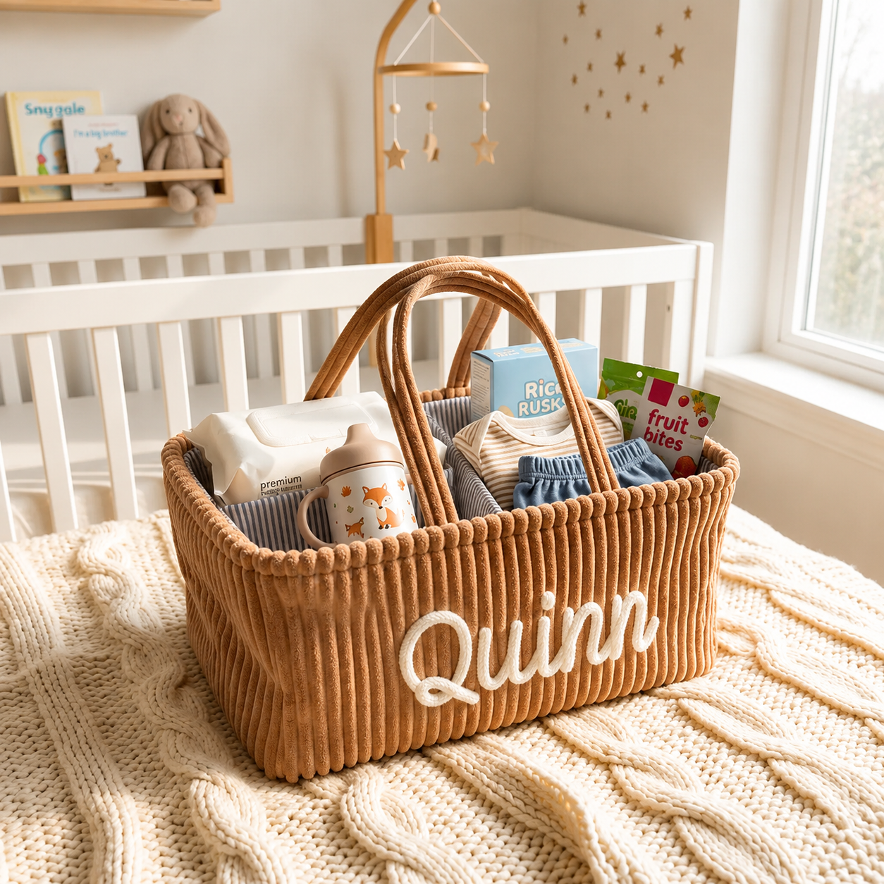 Personalized Diaper Caddy Organizer | Corduroy Baby Basket with 3D Yarn Name | Baby Shower Gift