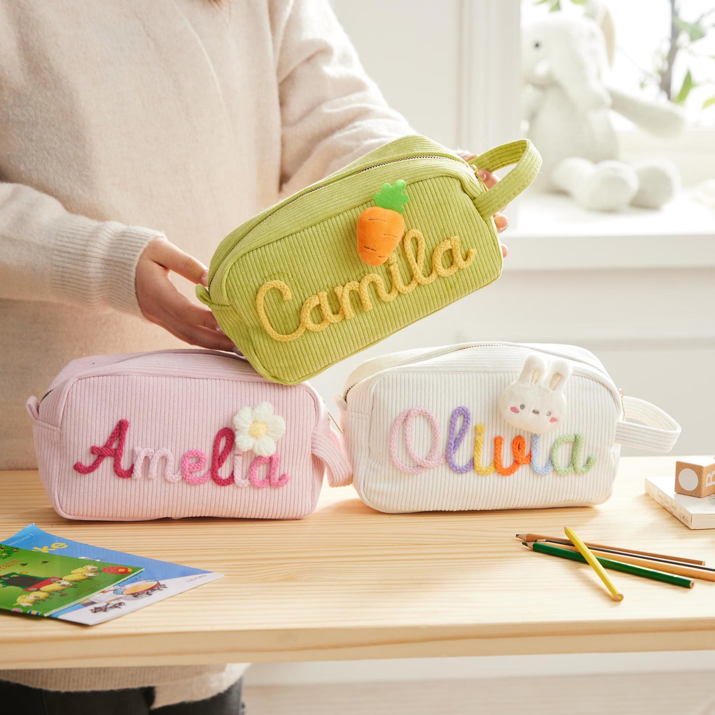 Personalized Name Corduroy Pencil Case – Custom Kids Zipper Pouch, Baby Shower Gift, Makeup Bag, Back to School