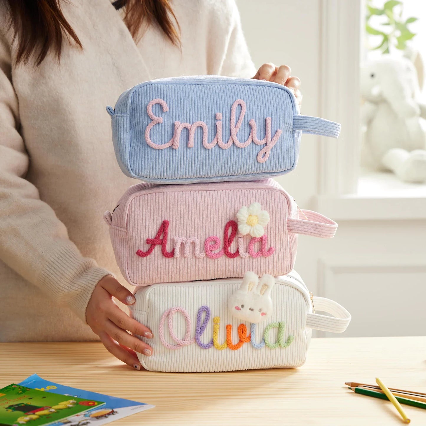 Personalized Name Corduroy Pencil Case – Custom Kids Zipper Pouch, Baby Shower Gift, Makeup Bag, Back to School