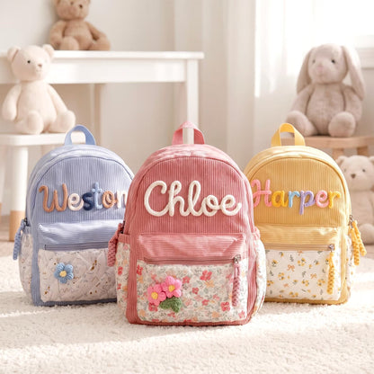 Personalized Corduroy Toddler Backpack – Hand-Embroidered Name, Floral Pocket | Back to School