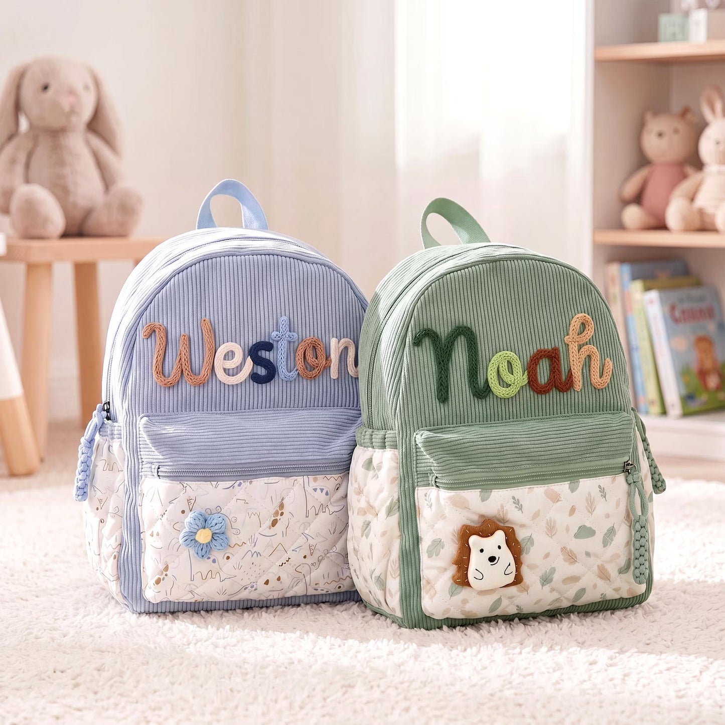 Personalized Corduroy Toddler Backpack – Hand-Embroidered Name, Floral Pocket | Back to School
