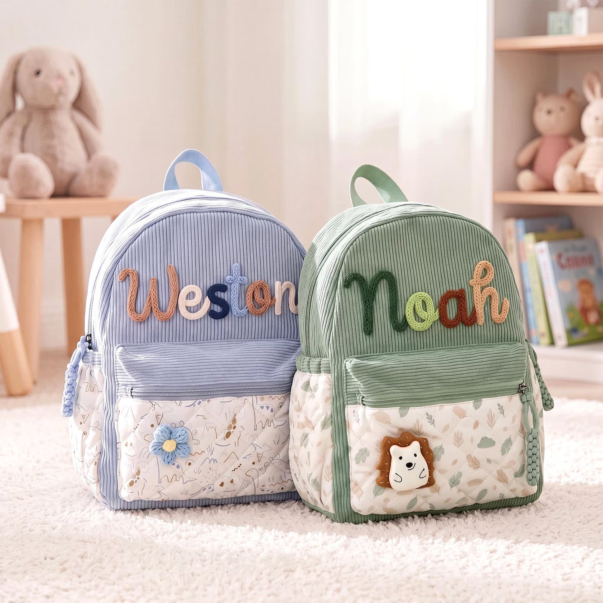 Personalized Corduroy Toddler Backpack – Hand-Embroidered Name, Floral Pocket | Back to School
