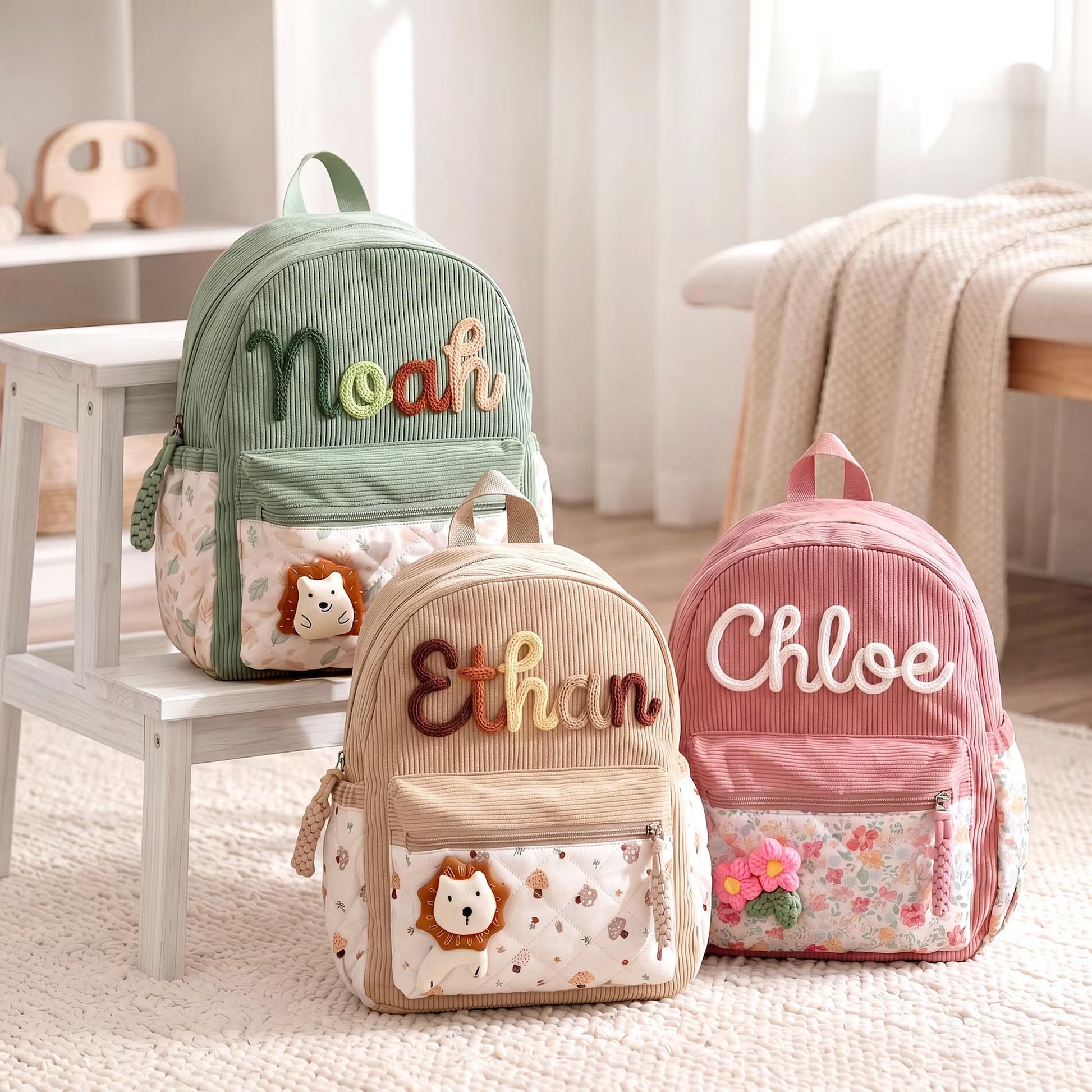 Personalized Corduroy Toddler Backpack – Hand-Embroidered Name, Floral Pocket | Back to School