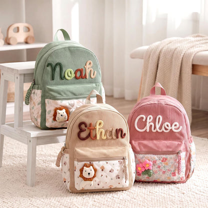 Personalized Corduroy Toddler Backpack – Hand-Embroidered Name, Floral Pocket | Back to School