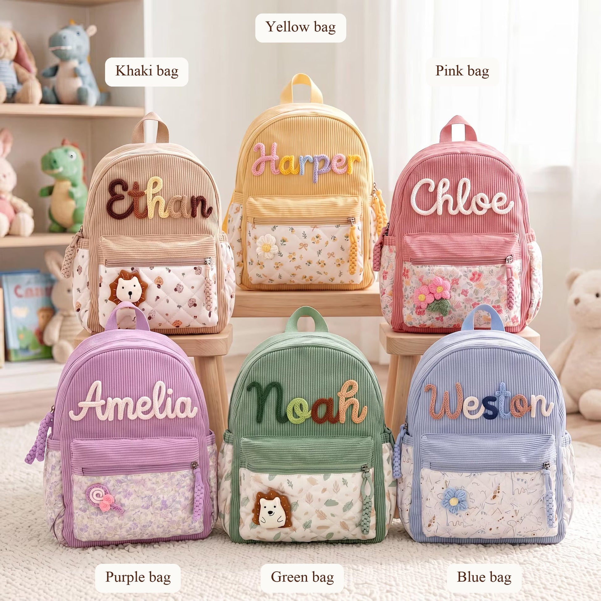 Personalized Corduroy Toddler Backpack – Hand-Embroidered Name, Floral Pocket | Back to School