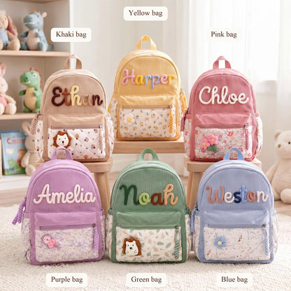 Personalized Corduroy Toddler Backpack – Hand-Embroidered Name, Floral Pocket | Back to School