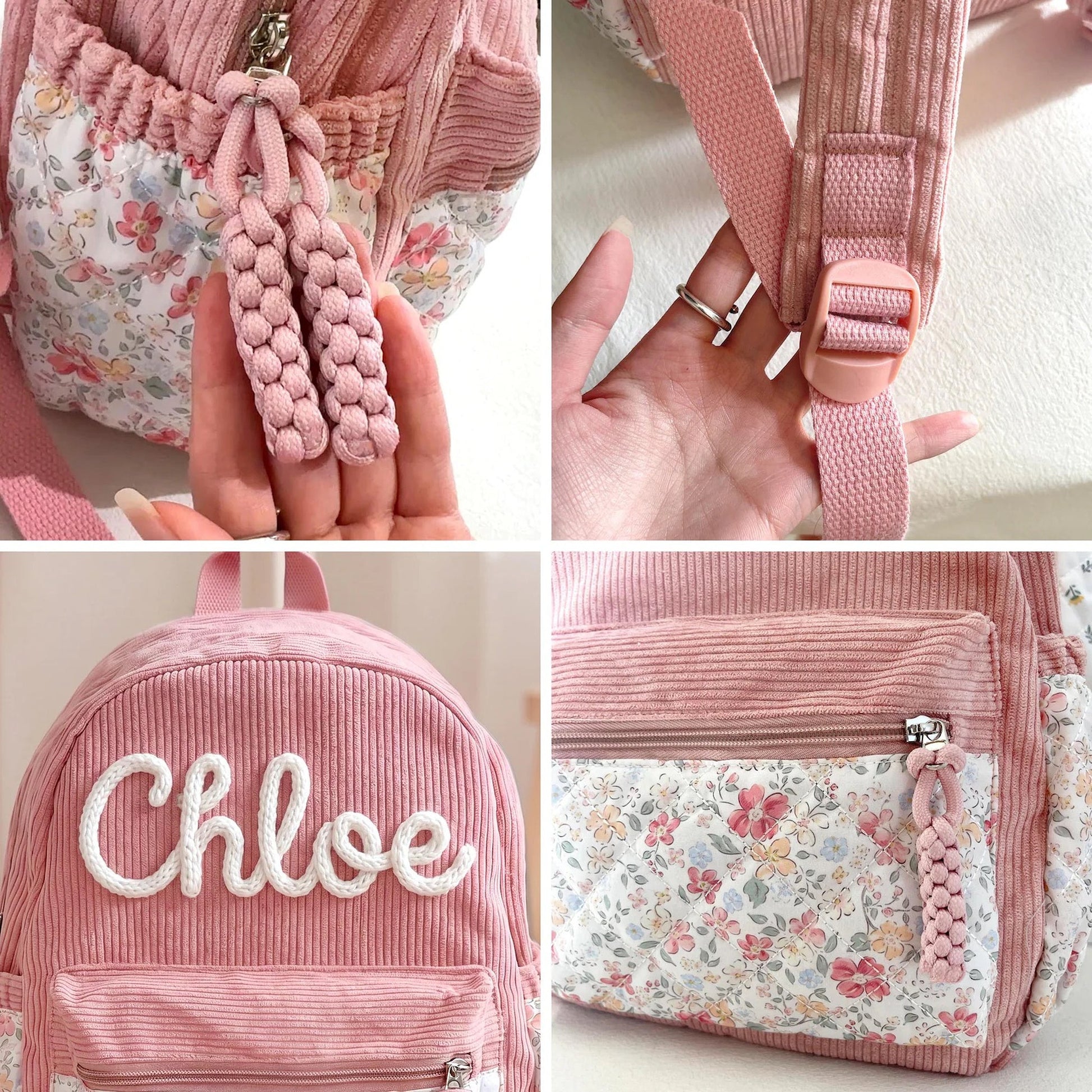 Personalized Corduroy Toddler Backpack – Hand-Embroidered Name, Floral Pocket | Back to School